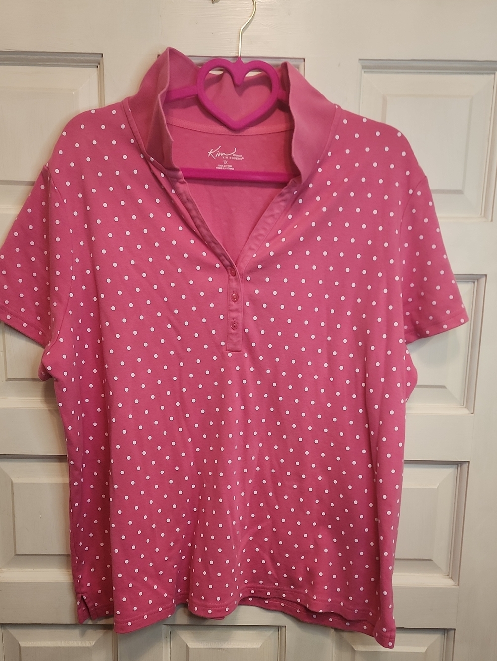 KIM ROGERS Pink Polkadot Knit Collar 3 Button Polo Shirt Sleeve